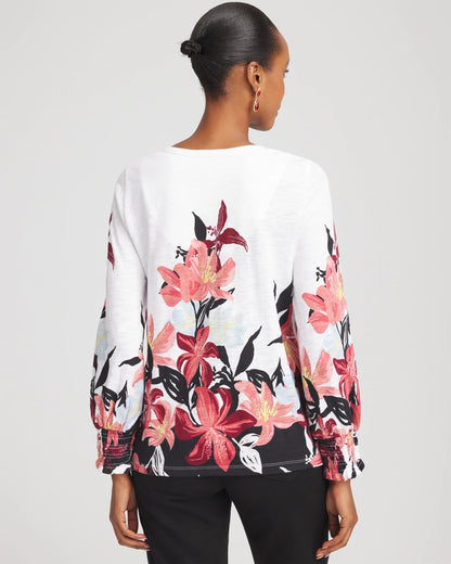 Floral-Motif Smocked Cotton-Slub Tee - Chico's