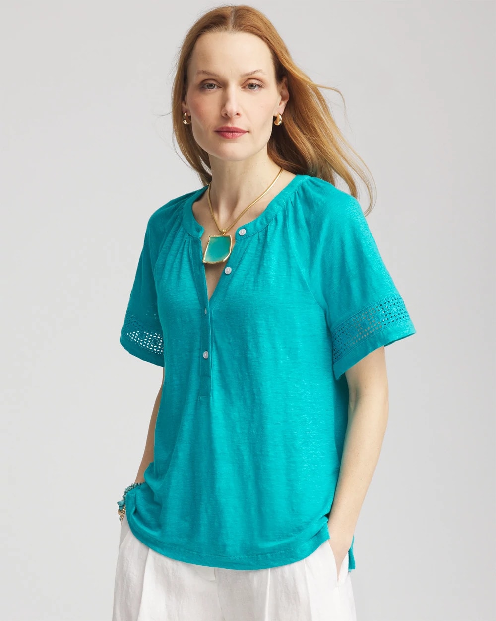 Linen Lace-Cutwork Sleeve Henley Tee - Chico's