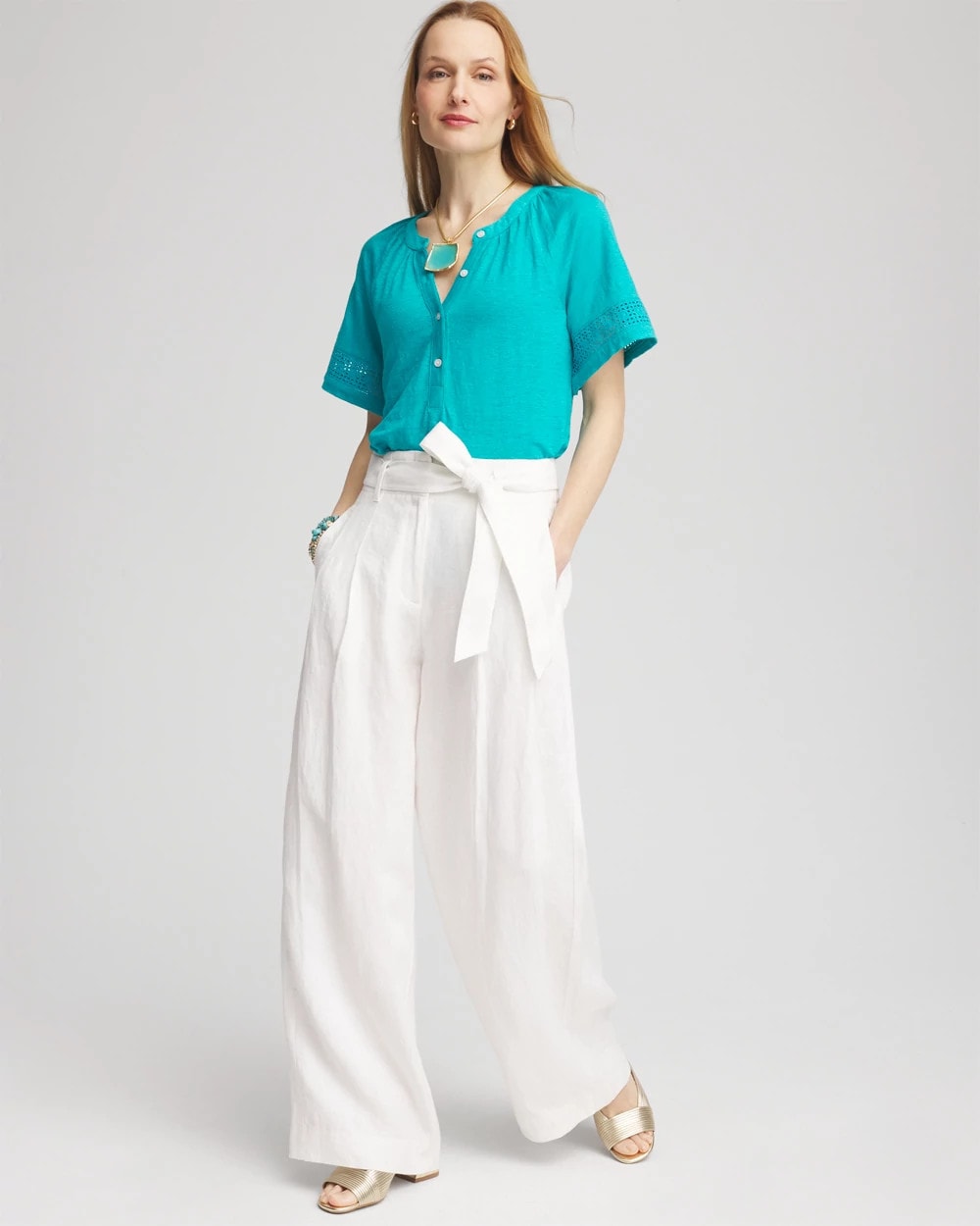 Linen Lace-Cutwork Sleeve Henley Tee - Chico's