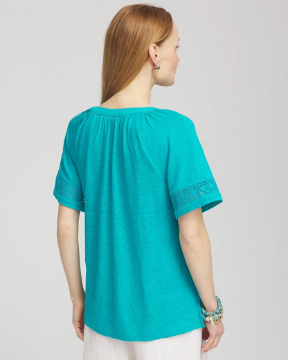 Linen Lace-Cutwork Sleeve Henley Tee - Chico's