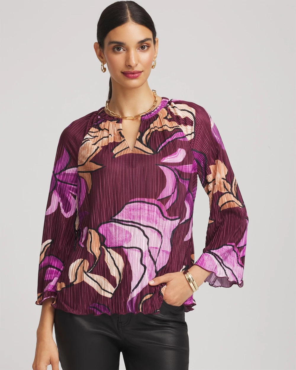 Printed Pleated V-Neck Tee - Chico's