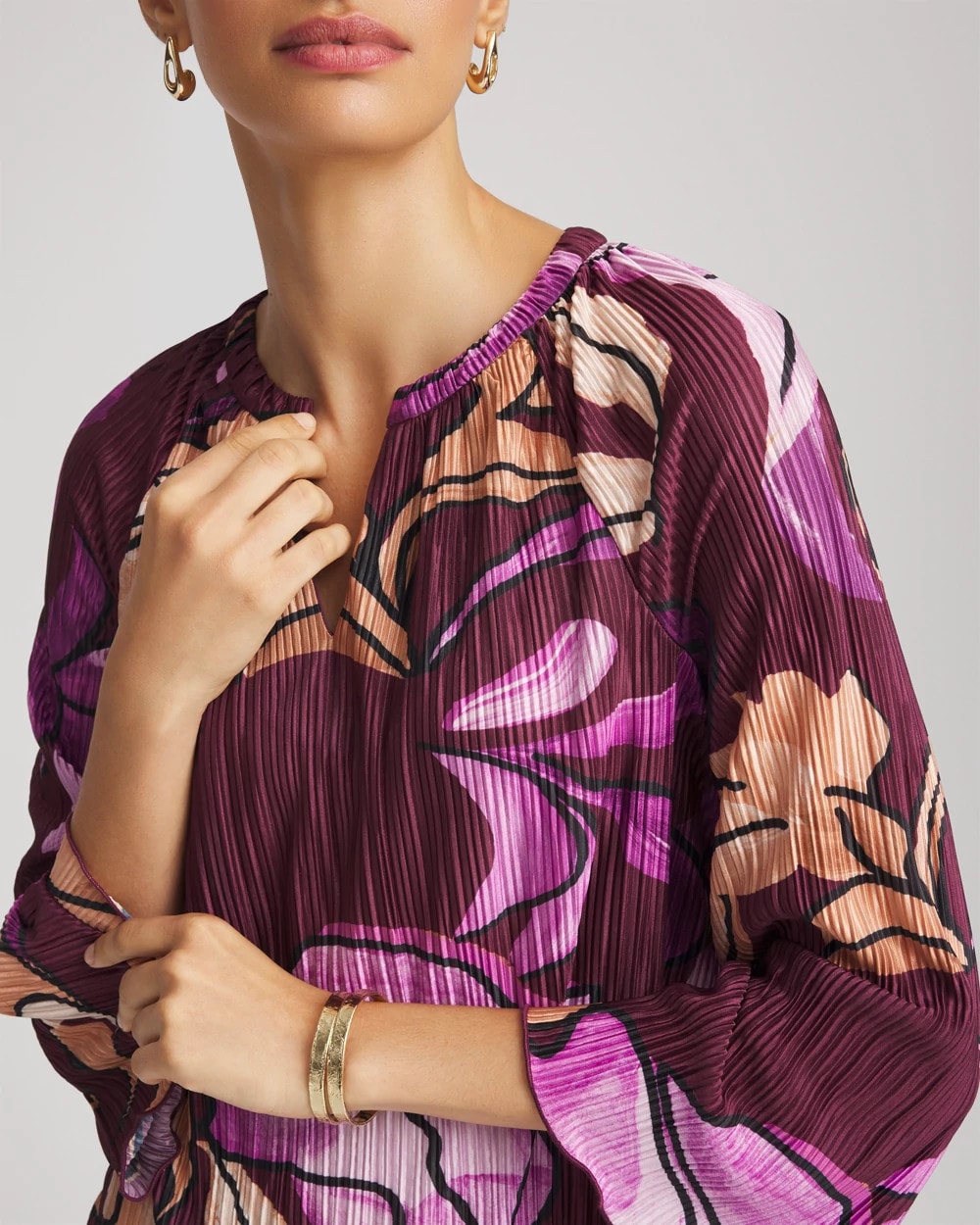 Printed Pleated V-Neck Tee - Chico's