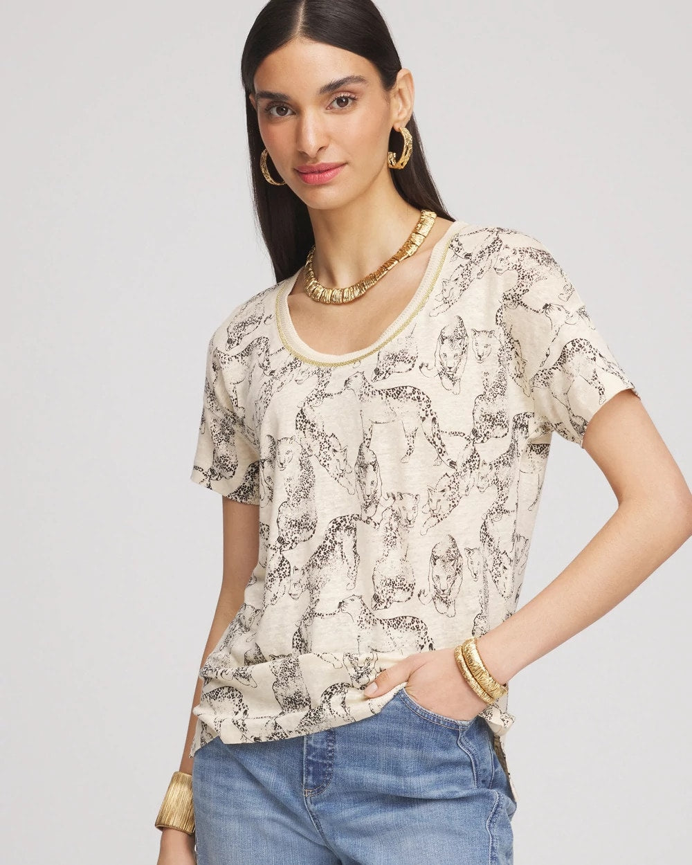 Panther Sweater-Trim Linen Tee - Chico's