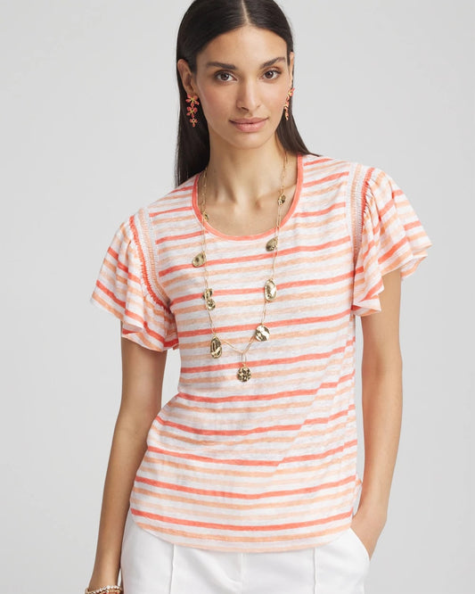 Striped Linen Smocked Flutter-Sleeved Tee - Chico's