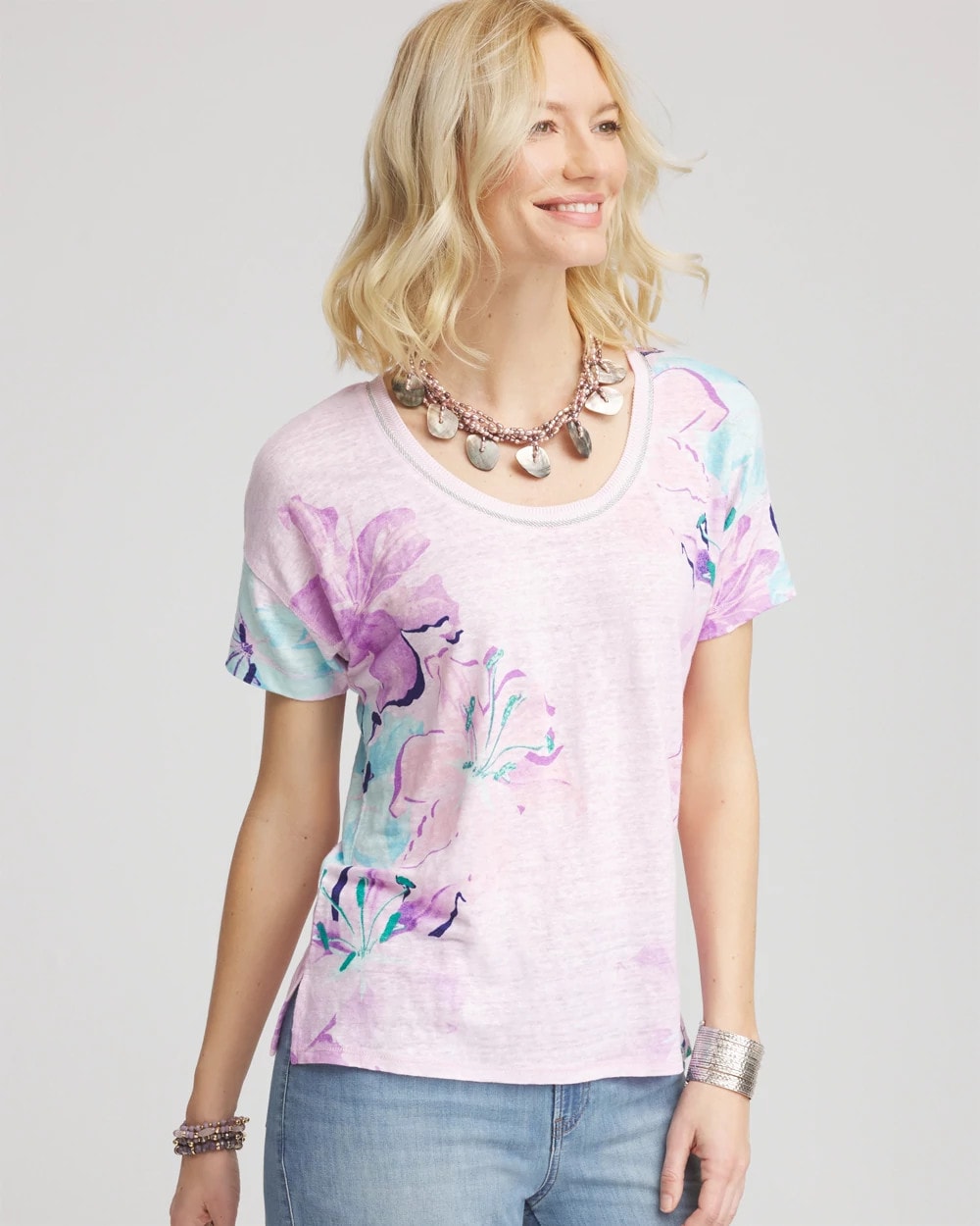 Floral Sweater-Trim Linen Tee - Chico's