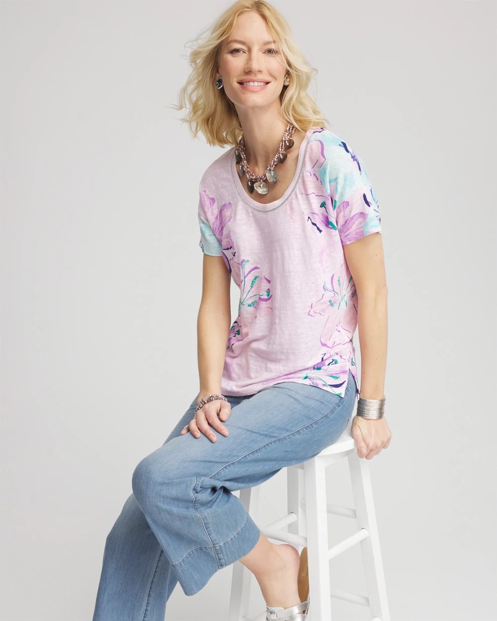 Floral Sweater-Trim Linen Tee - Chico's