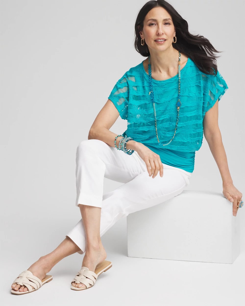 Embroidered Striped Banded Bottom Top - Chico's
