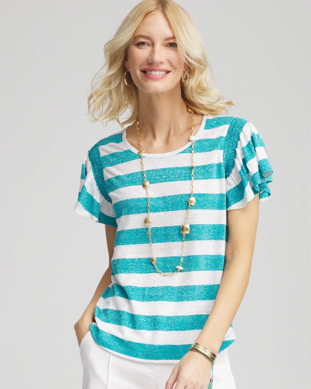 Linen Metallic Striped Flutter-Sleeve Tee - Chico's