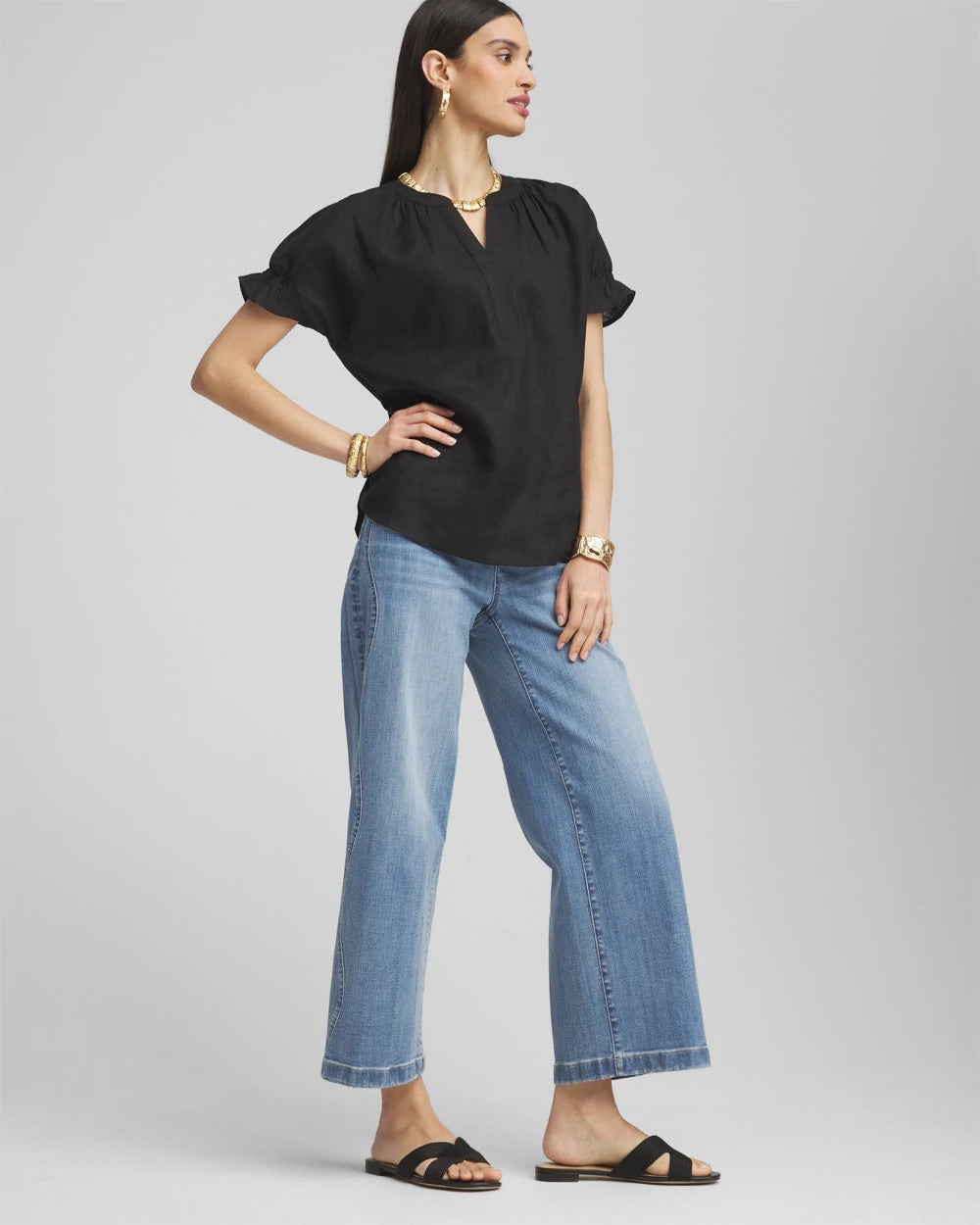 Linen Flutter-Sleeve Popover Top - Chico's