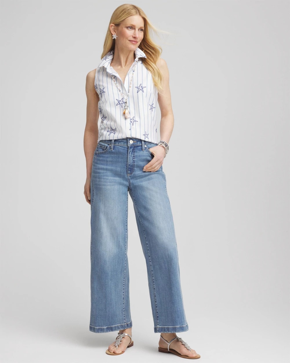 No Iron™ Starfish Striped Sleeveless Sateen Shirt - Chico's