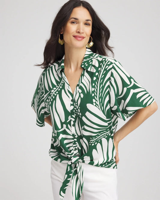 Palm Print Tie-Front Silky Top - Chico's