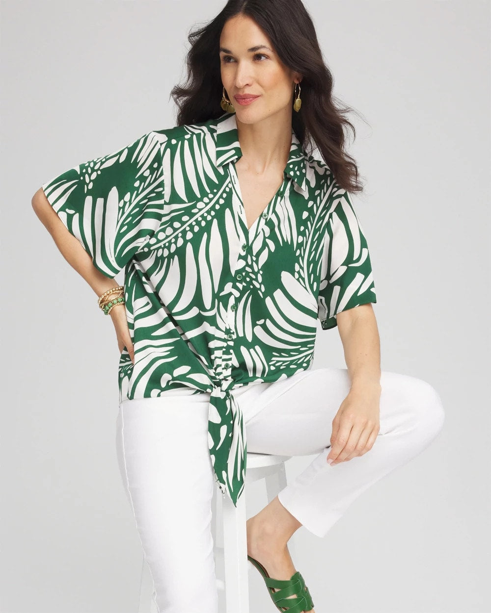 Palm Print Tie-Front Silky Top - Chico's