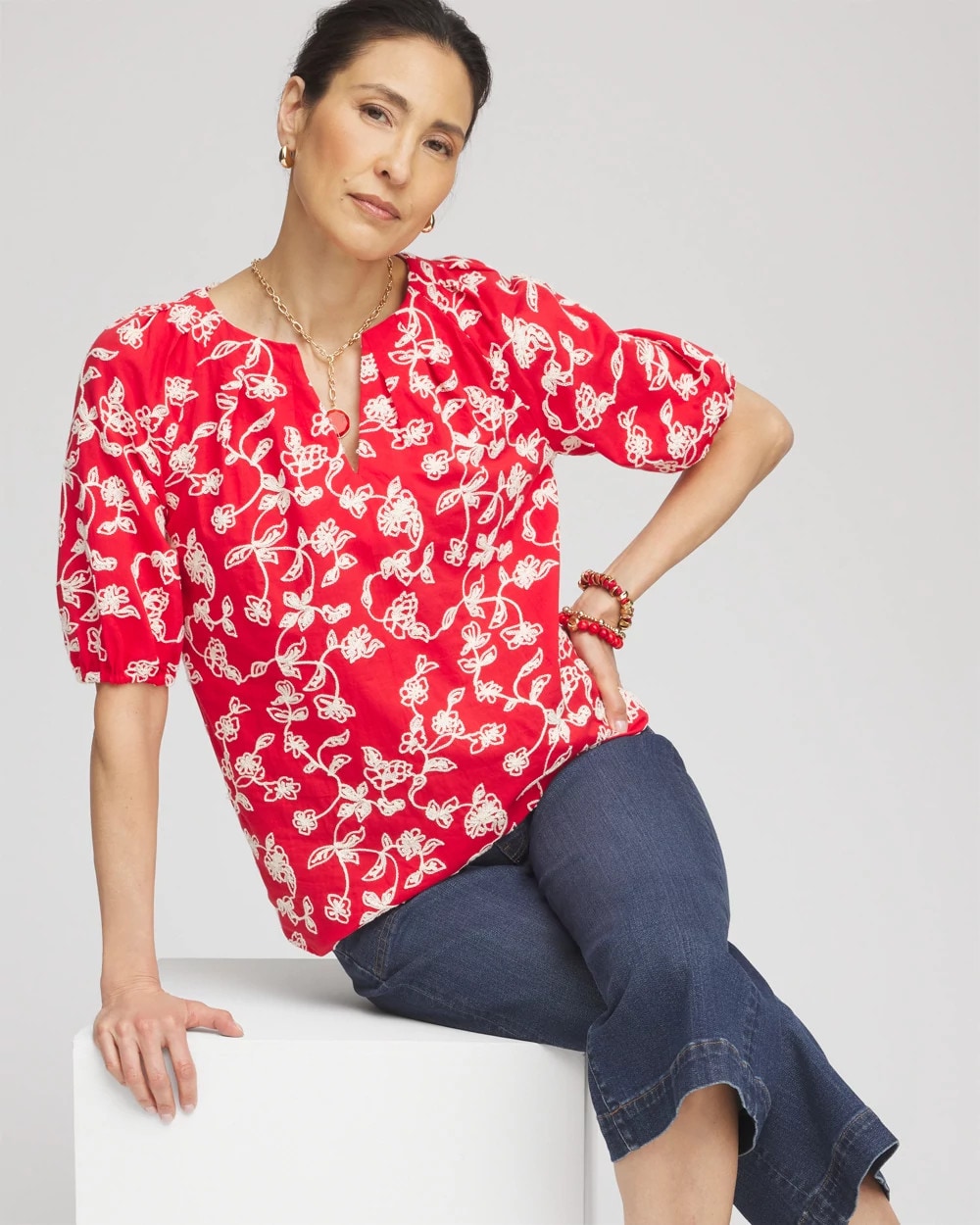 Floral Embroidered Cotton Peasant Blouse - Chico's