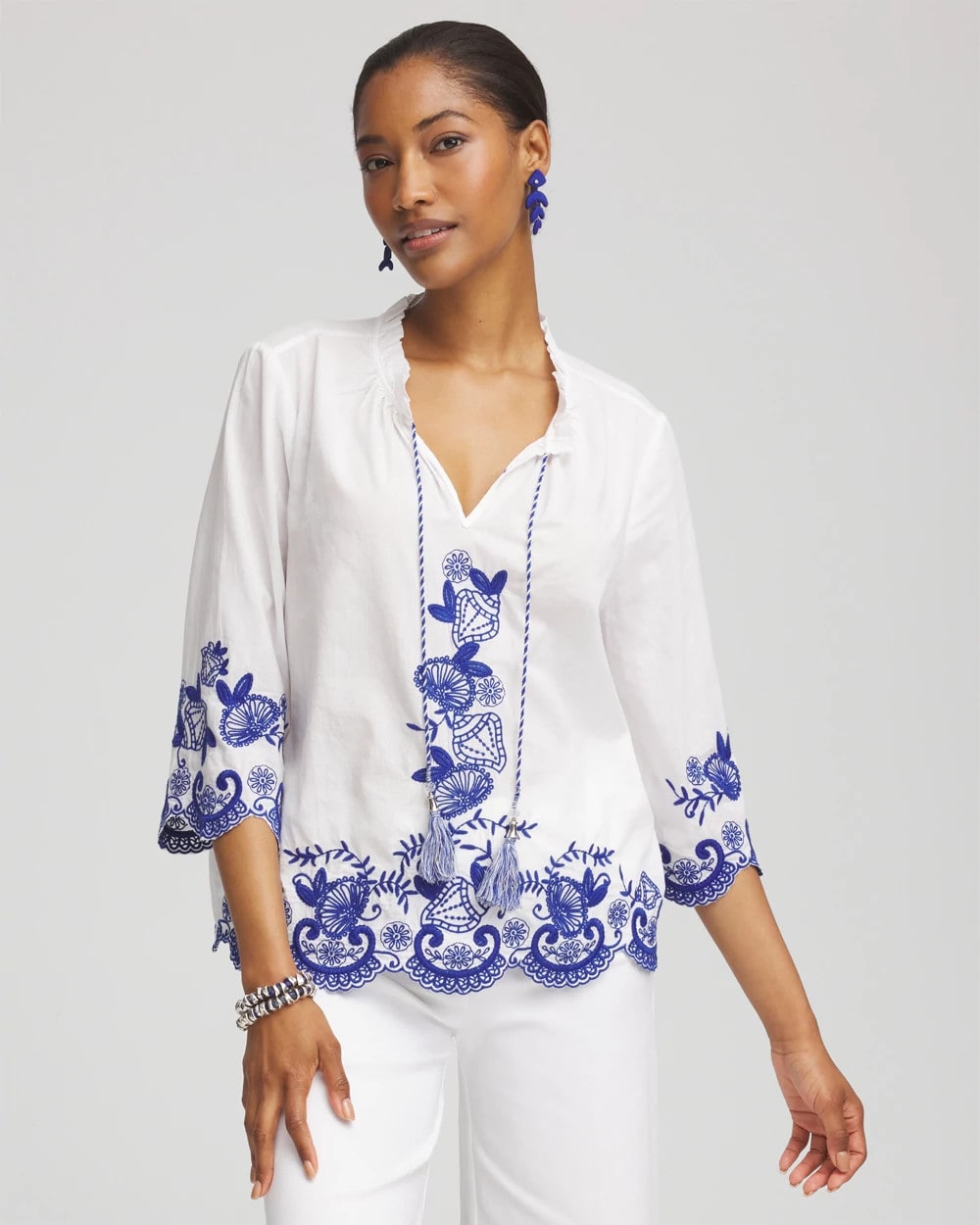 Embroidered Tassel Tie-Front Blouse - Chico's