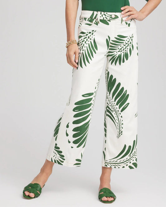Palm-Frond-Motif Pull-On Wide-Leg Cropped Jeans - Chico's