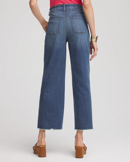 Pull-On Cropped Wide-Leg Frayed Jeans - Chico's
