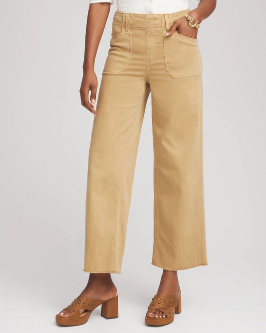 Neutral Pull-On Cropped Wide-Leg Frayed Jeans - Chico's