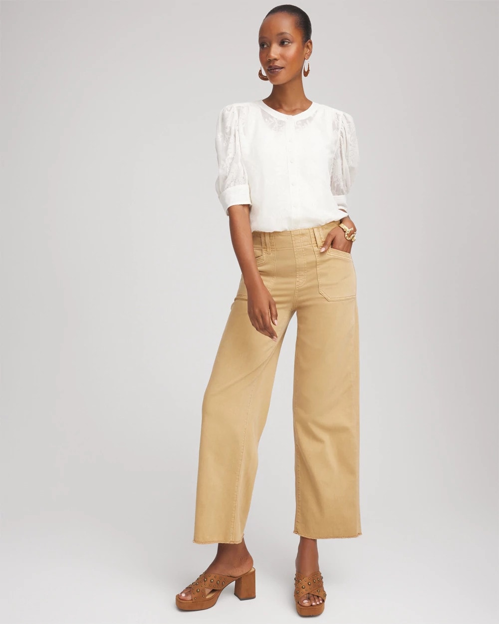 Neutral Pull-On Cropped Wide-Leg Frayed Jeans - Chico's