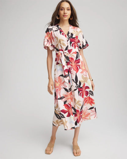 Tonal Floral Ruffle-Sleeved Midi Dress - Chico's
