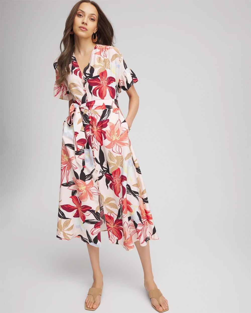 Tonal Floral Ruffle-Sleeved Midi Dress - Chico's