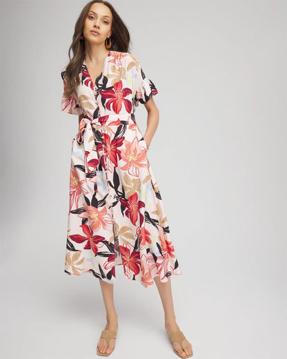 Tonal Floral Ruffle-Sleeved Midi Dress - Chico's