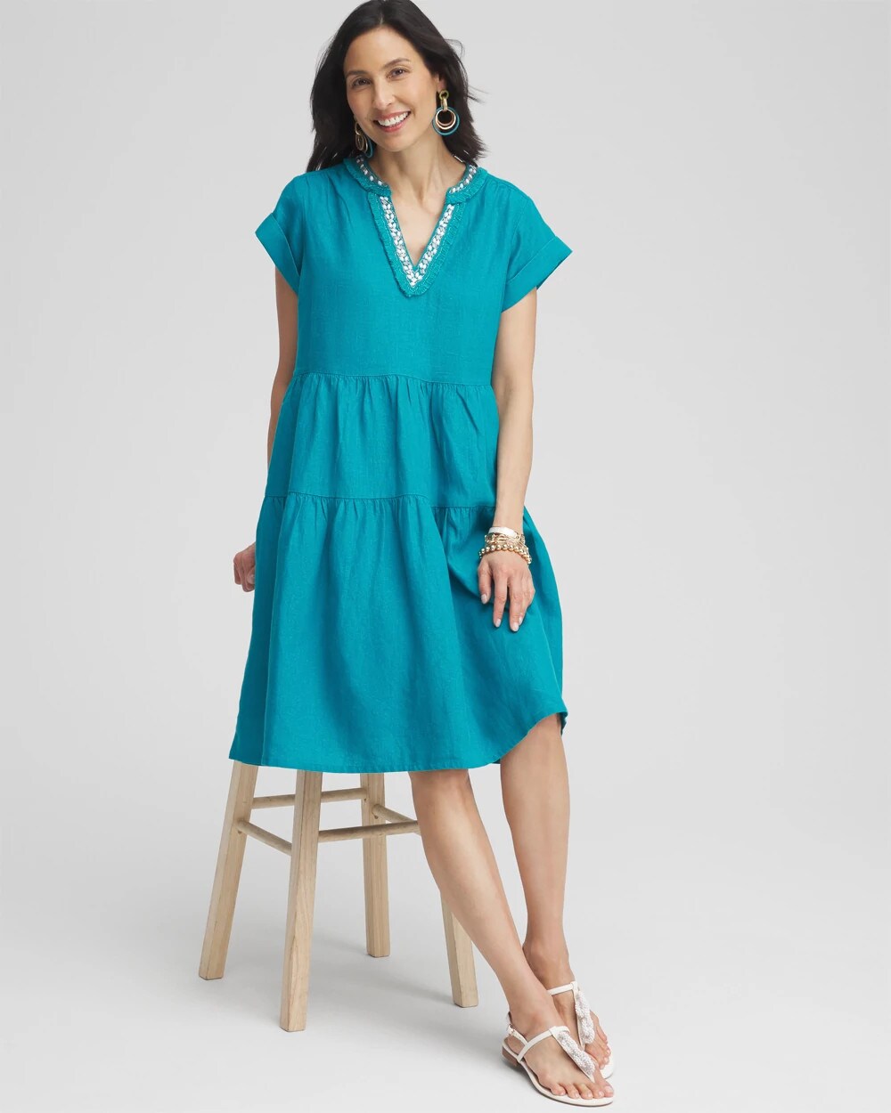 Linen Embellished Cap Sleeve Dress - Chico's