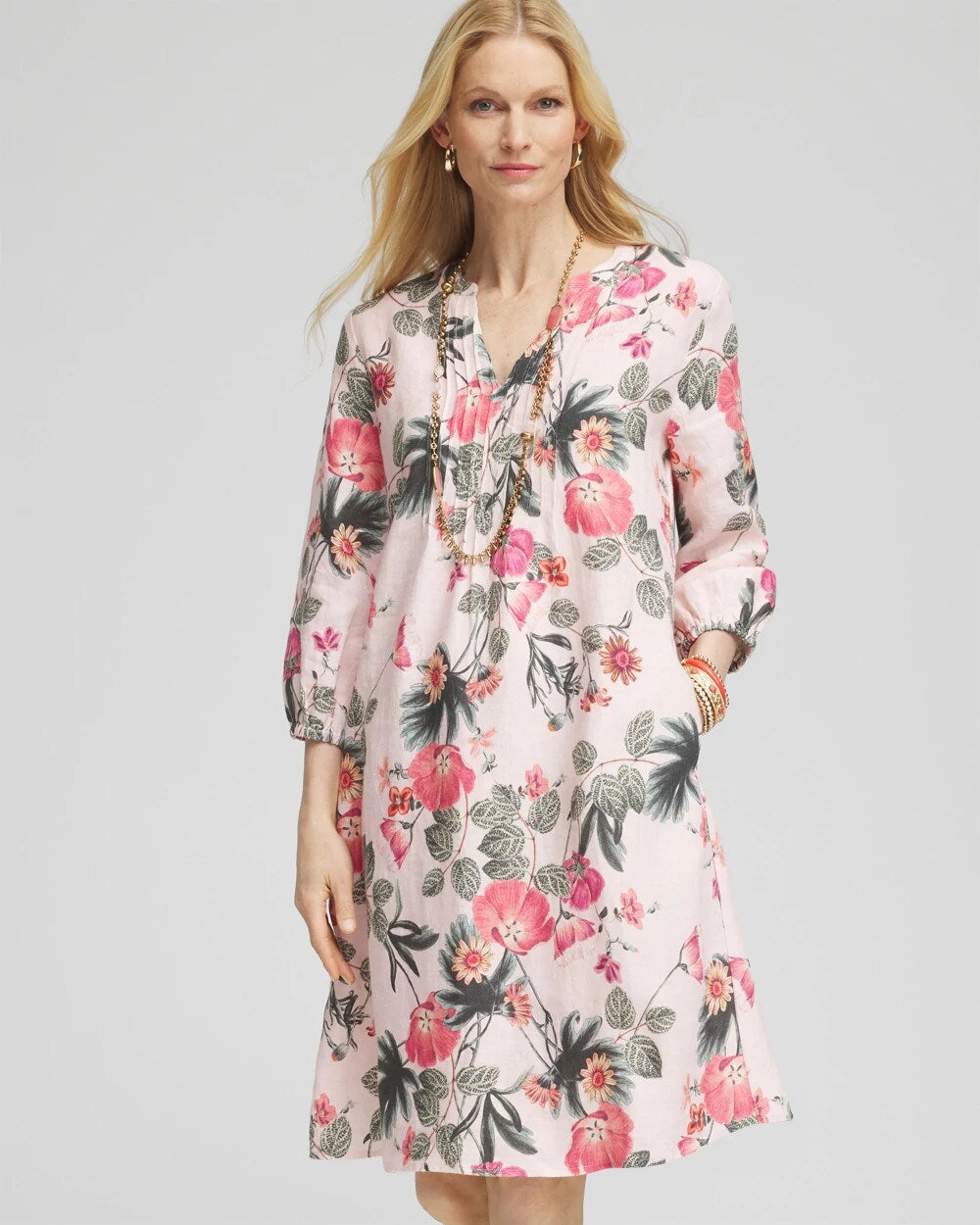 Floral Linen Pintuck 3/4 Sleeved Dress - Chico's