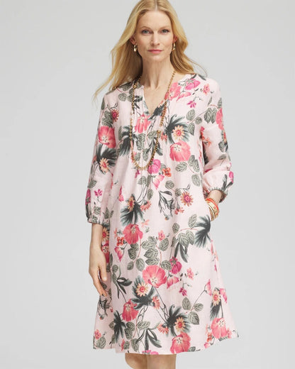 Floral Linen Pintuck 3/4 Sleeved Dress - Chico's