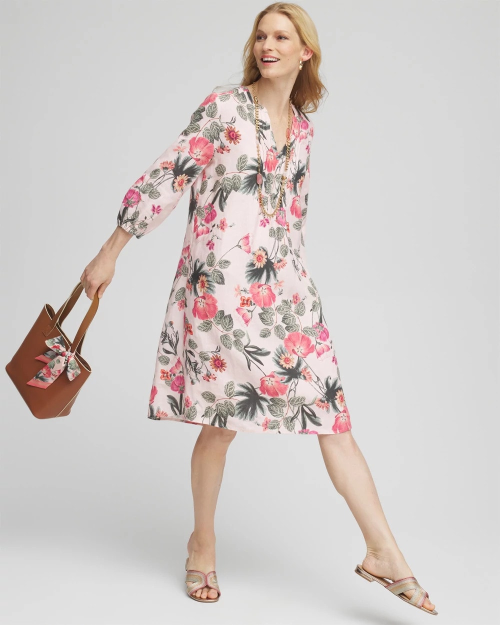 Floral Linen Pintuck 3/4 Sleeved Dress - Chico's