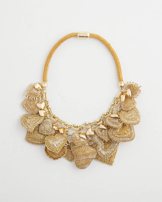 Gold Beaded Heart Charm Bib Necklace - Chico's