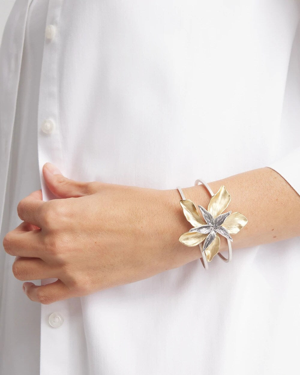 Mixed-Metal Floral Cuff Bangle Bracelet - Chico's