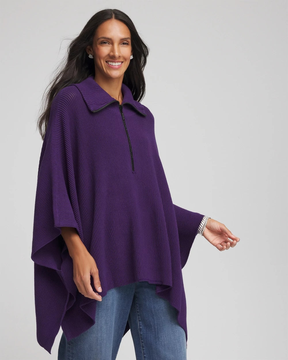 Rhinestone Zip-Collar Sweater Poncho - Chico's