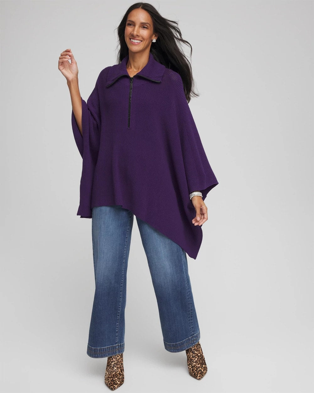 Rhinestone Zip-Collar Sweater Poncho - Chico's