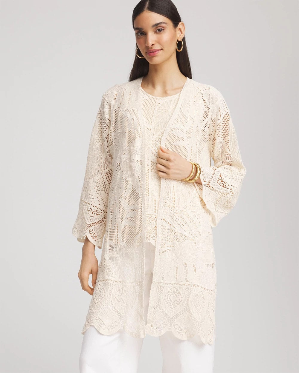 Cutwork Crochet-Lace Long Kimono - Chico's