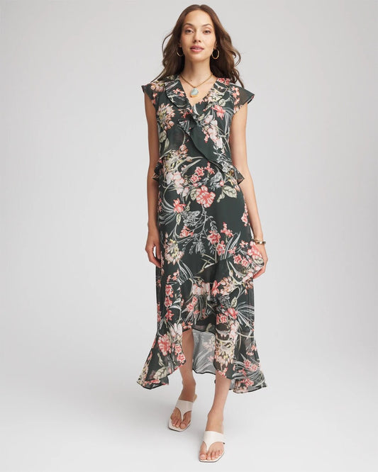 Petite Floral Ruffle-Trim Chiffon Dress - Chico's