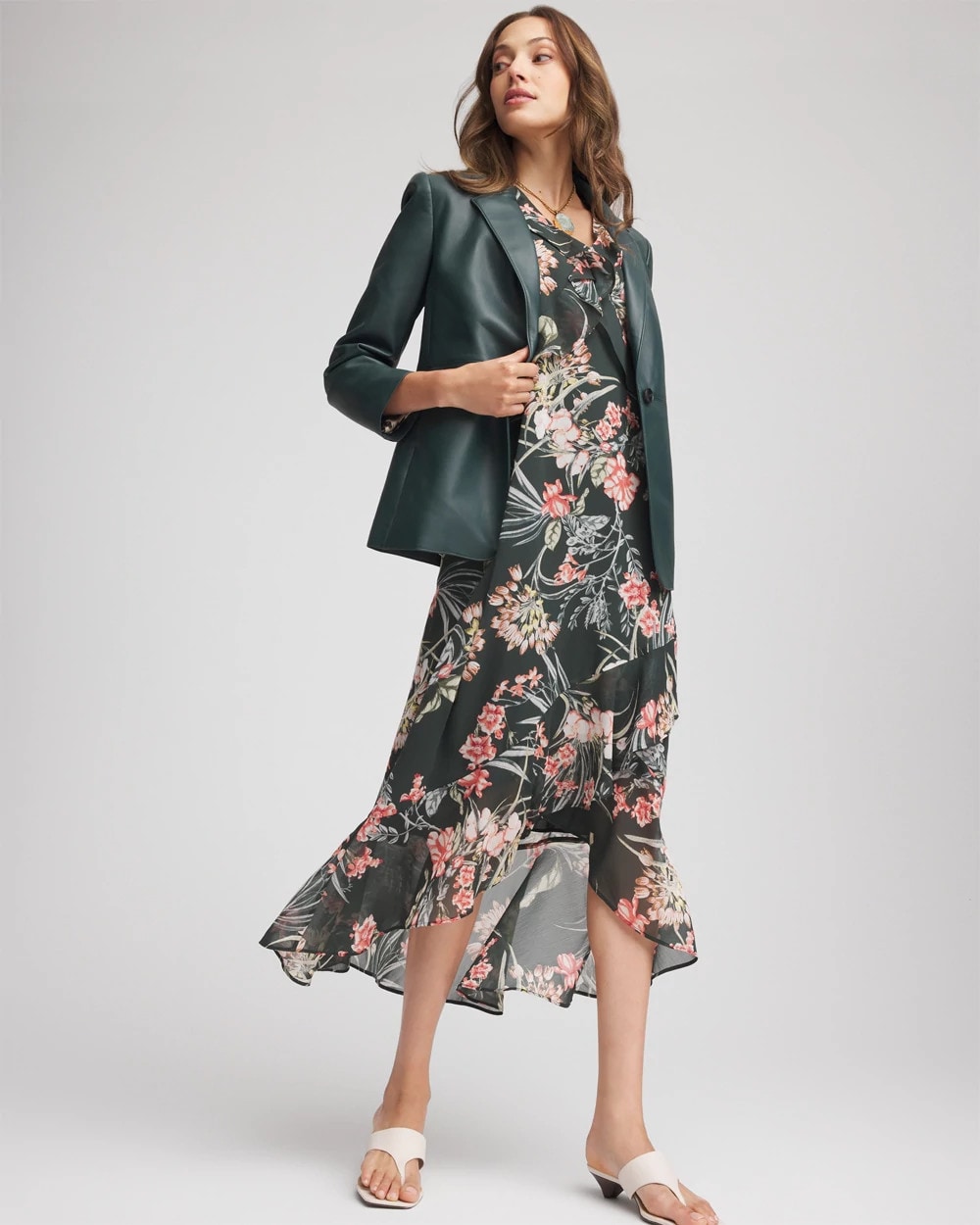 Petite Floral Ruffle-Trim Chiffon Dress - Chico's