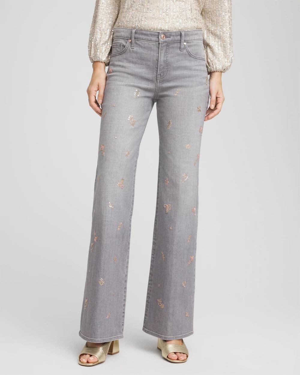 Petite Rose Gold Embroidered Girlfriend Flared Jeans - Chico's