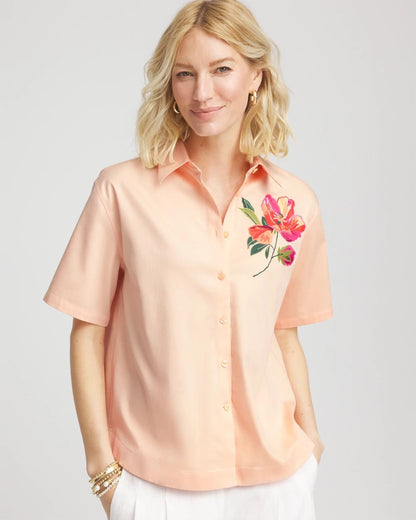 No Iron™ Embroidered Floral Short-Sleeve Shirt - Chico's